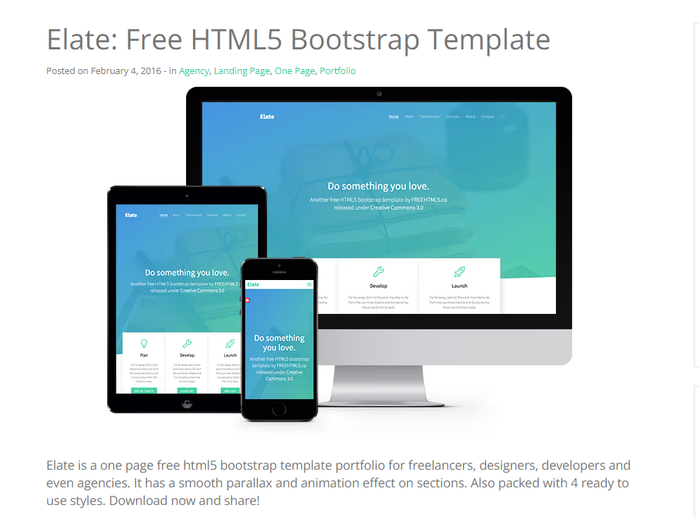Elate – One Page Free HTML5 Bootstrap Template